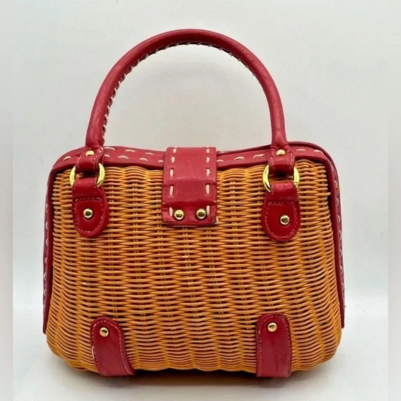 Red Leather Trimmed Woven Rattan Wicker Handbag Vintage chic elegant preppy bag - Picture 2 of 12